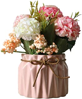 AZXAZ Flores Hortensia Artificiales con Macetero-Ramo de Flores de Seda Artificiales con Jarron de Ceramica para de Bodas- Fiestas- hogar y al Aire Libre (Rosa)
