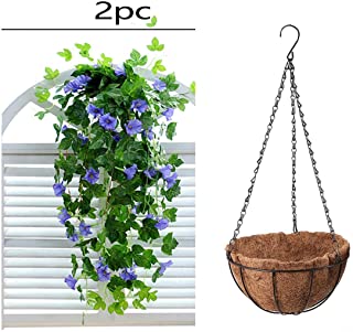Bluelliant Maceta Colgante con 2 Flores Artificials Jardin Balcon Canastras Decorativas Plantas Artificiales Exterior Interior De Pared Azul
