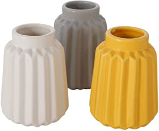 CasaJame 3 x Macetas - Jarrones de Mesa de Ceramica para Plantas - Jardineras de Porcelana con Estructura en Relieve - Terracota Blanco Gris Amarillo Altura 10cm- O 8cm