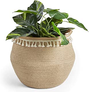 Cesta de yute natural con flecos de color crema- cesta de yute expandible color crema- cesta de almacenamiento con flecos para plantas y ropa sucia