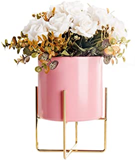 iBorn - Maceta de 16 cm con soporte para decoracion de oficina- 16 cm de diametro- parte inferior sin orificio de drenaje- rosa- planta de flores no incluida