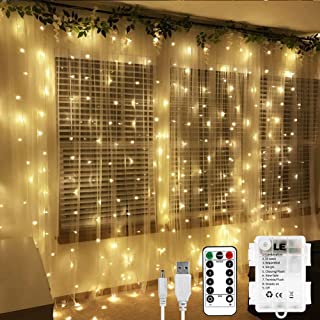 LE Cortina Luces LED 3x3m 300 LED- USB o PILAS- Cadena de Luces Blanco calido- 8 Modos Luz- Impermeable Interior y Exterior- Luz de Hadas Intensidad Regulable- Decoracion de Fiestas- Navidad- Balcon