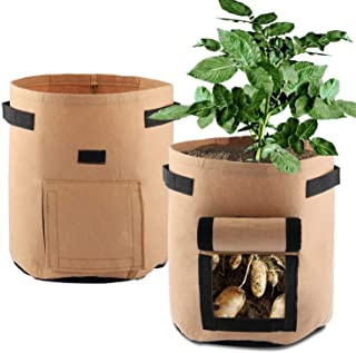 Mingfuxin - Bolsas para Cultivo de Patatas (3 Unidades- Tela- macetas con Gancho y Ventana- para Plantar Patatas- Tomates- Zanahorias- cebollas- marron