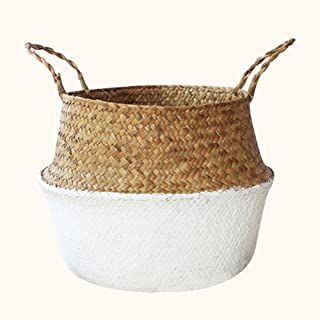 Prokth - Cesta plegable hecha de junco marino y tejida a mano- ideal para lavanderia- y almacenar y organizar juguetes- ropa- fruta o plantas- Blanco- Small