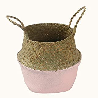 Prokth - Cesta plegable hecha de junco marino y tejida a mano- ideal para lavanderia- y almacenar y organizar juguetes- ropa- fruta o plantas- Rosa- Large