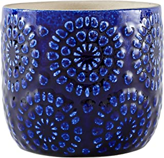 Rivet Stone & Beam Macetero decorativo moderno de ceramica con rosetones florales en relieve para plantas y flores- 11-1 cm de altura- azul