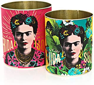 Temerity Jones Frida Kahlo - Juego de 2 latas de Almacenamiento- tamano Grande- 13 x 14 cm- tamano pequeno- 10 x 12 cm- Color Rosa y Amarillo