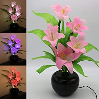 TRONJE LED Flor Artificial Lirio 49cm Ramo de Lilium con Maceta 5 Flores Fibras opticas 3W Cambio de Color