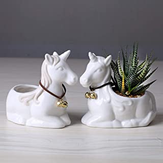 ZYZED Maceta 2 Piezas Lindo Unicornio Plantas suculentas macetas de ceramica Porcelana Blanca Caballo Maceta   decoracion de Mesa- Blanco